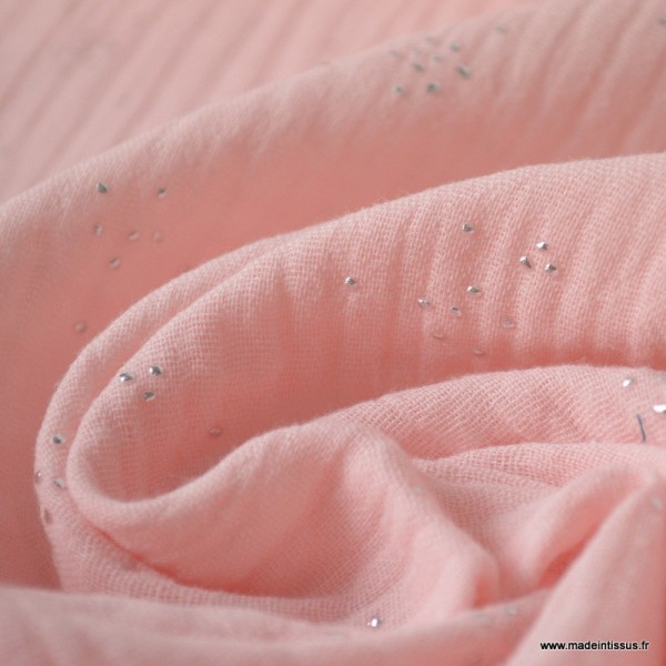 Tissu Double gaze coton Glitter pluie d'éclats Argentés coloris Rose Blush. x1m - Photo n°3