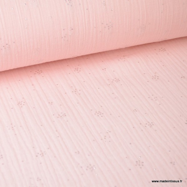 Tissu Double gaze coton Glitter pluie d'éclats Argentés coloris Rose Blush. x1m - Photo n°1
