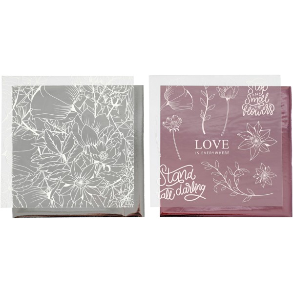 Set papier transfert métallisé et motifs adhésifs Fleurs et amour - 15 x 15 cm - 4 pcs - Photo n°1