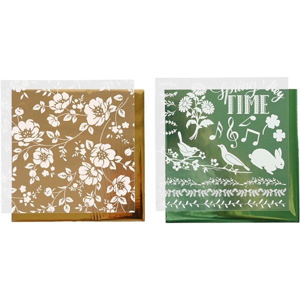 Set papier transfert métallisé et motifs adhésifs Printemps et fleurs - 15 x 15 cm - 4 pcs - Photo n°1