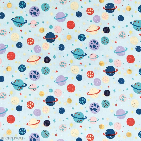 Tissu Rico Design - Planètes - Bleu menthe - Par 10 cm (sur mesure) - Photo n°1