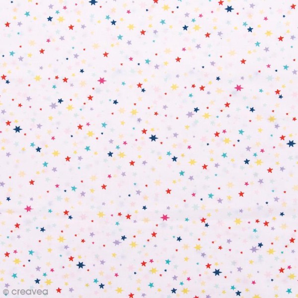 Tissu Rico Design - Etoiles - Multicolore sur Fond blanc - Par 10 cm (sur mesure) - Photo n°1