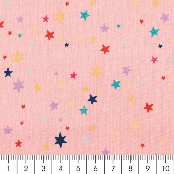 Tissu Rico Design - Etoiles - Multicolore sur Fond rose - Par 10 cm (sur mesure) - Photo n°2