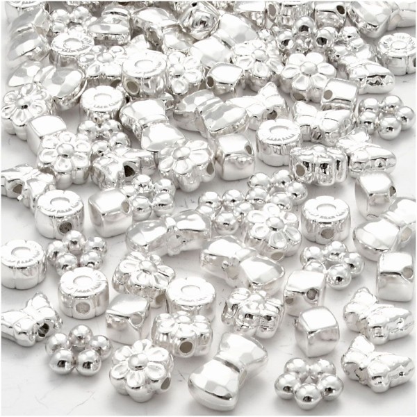 Perles Plastique Novelty, Dim. 4-10 Mm, Diamètre Intérieur 1-1,5 Mm, Argenté, 200Pièces - Photo n°1