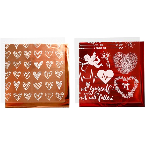 Set papier transfert métallisé et motifs adhésifs Coeurs et amour - 15 x 15 cm - 4 pcs - Photo n°1