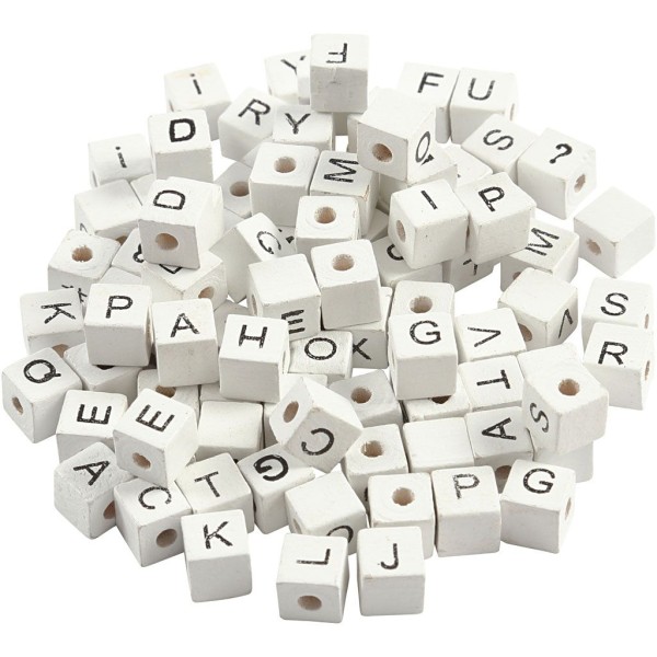 Perles alphabet en bois carrées - Blanc - 8 x 8 mm - 96 pcs - Photo n°1