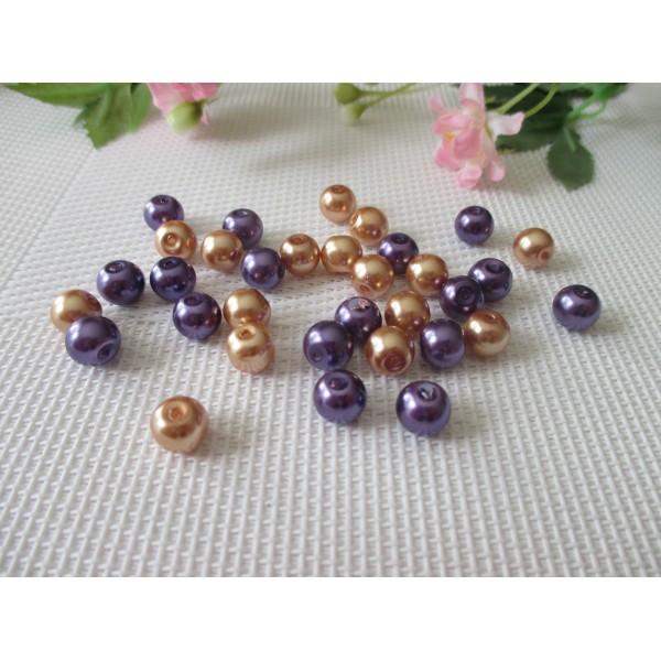 Perles en verre nacré 8 mm saumon et violet x 100 - Photo n°1
