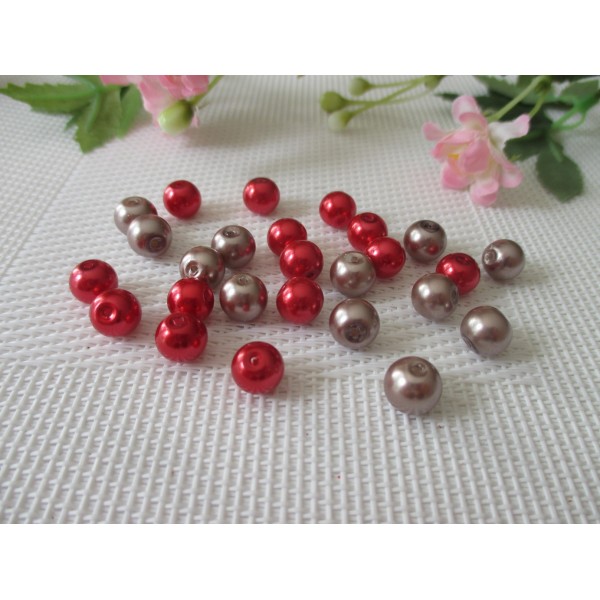 Perles en verre nacré 8 mm rouge et taupe x 100 - Photo n°1