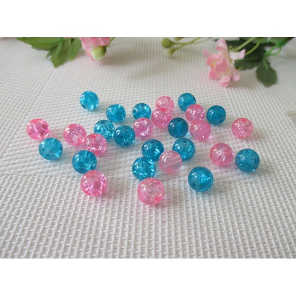 Perles en verre craquelé 8 mm bleu et rose x 100 - Photo n°1