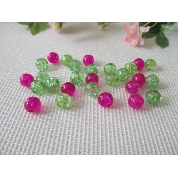 Perles en verre craquelé 8 mm fuchsia et vert x 100 - Photo n°1