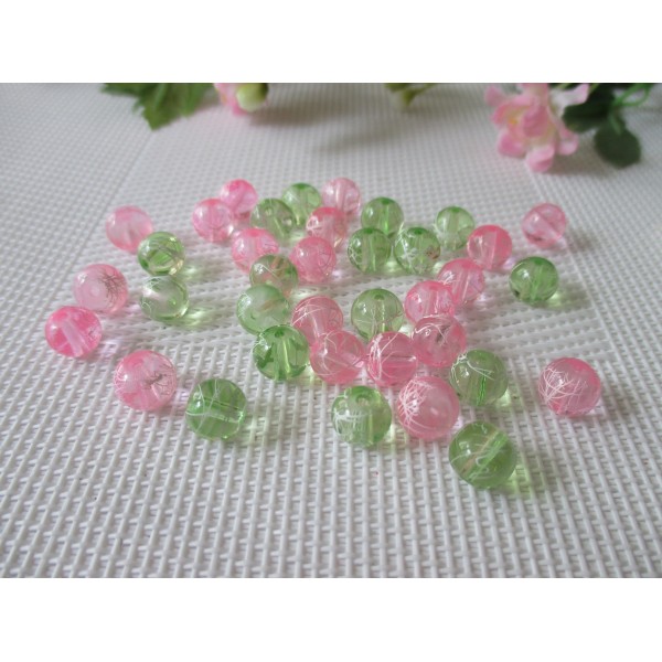 Perles en verre 8 mm vert et rose tréfilé blanc x 100 - Photo n°1
