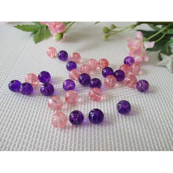Perles en verre 8 mm violet et rose tréfilé blanc x 100 - Photo n°1