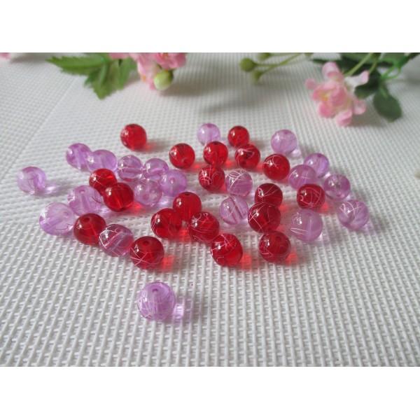 Perles en verre 8 mm lilas et rouge tréfilé blanc x 100 - Photo n°1