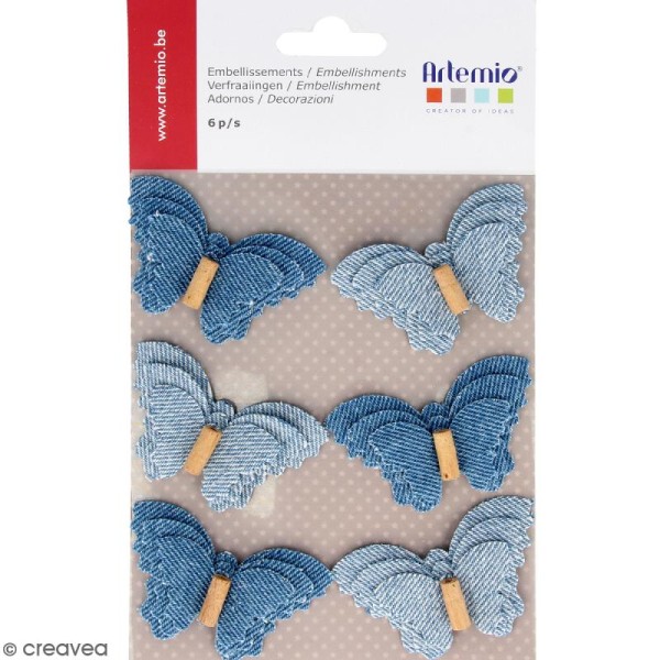 Stickers Papillons en tissu jean - 6 pcs - Photo n°1