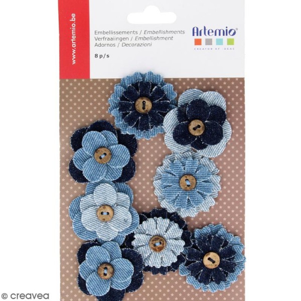 Fleurs boutons en tissu jean - 8 pcs - Photo n°1