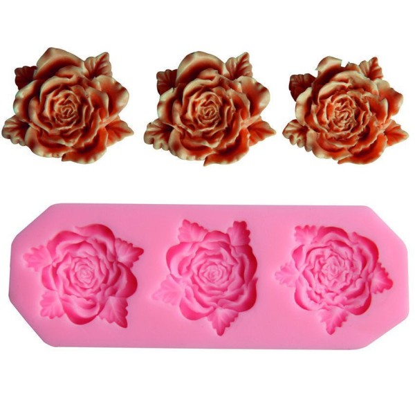 3 Fleurs Roses Feuilles, 3D en Silicone de Chocolat Savon Gâteau, Fondant Gâteau, Bougie d'Argile de - Photo n°1