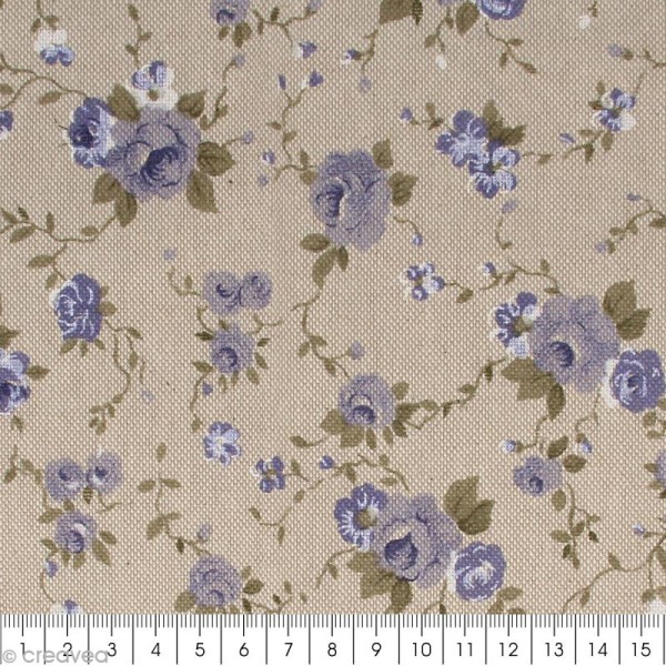 Coupon de tissu en coton - Fleur - Bleu - 30 x 90 cm - Photo n°2