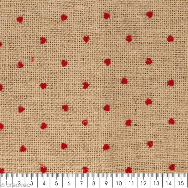 Coupon de tissu en Toile de jute floqué - Coeur rouge - 30 x 90 cm - Photo n°2