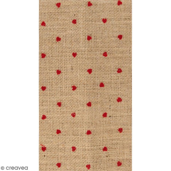 Coupon de tissu en Toile de jute floqué - Coeur rouge - 30 x 90 cm - Photo n°1