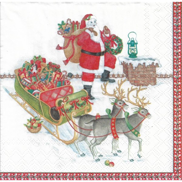 4 Serviettes en papier Père Noël sur le toit Format Lunch Decoupage Decopatch L-830400 Villeroy&Boch - Photo n°1