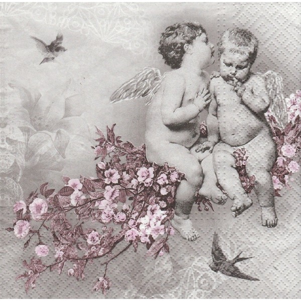 4 Serviettes en papier Anges Fleurs Vintage Format Lunch Decoupage Decopatch SDL-076300 Paw - Photo n°1