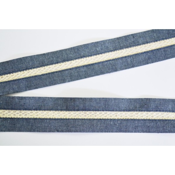 Galon coton écru bordé chambray bleu 40mm - Photo n°1