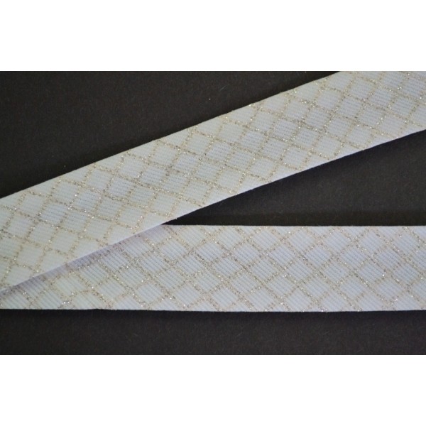 Biais coton 25mm blanc motif lurex or pâle en croix - Photo n°1