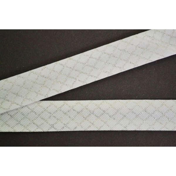 Biais coton 25mm blanc motif lurex argent en croix - Photo n°1