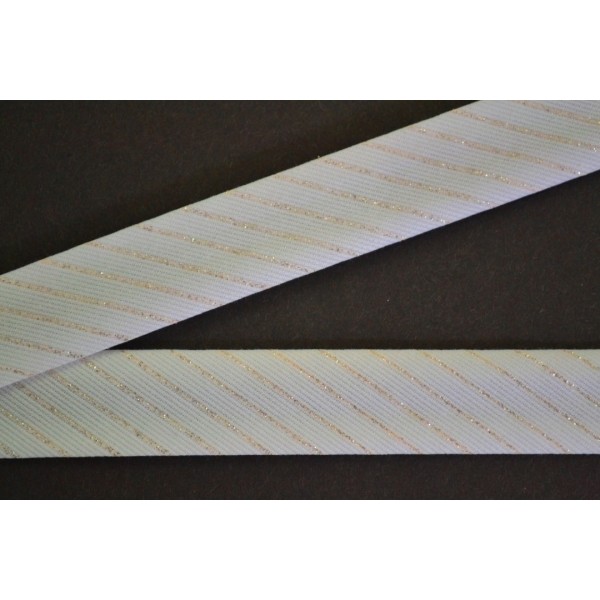 Biais coton 25mm blanc motif lurex or pâle ligné - Photo n°1