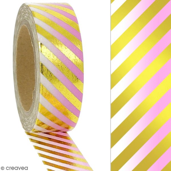 Masking tape Foil Lignes dorées fond rose et blanc dégradé - 1,5 cm x 10 m - Photo n°2