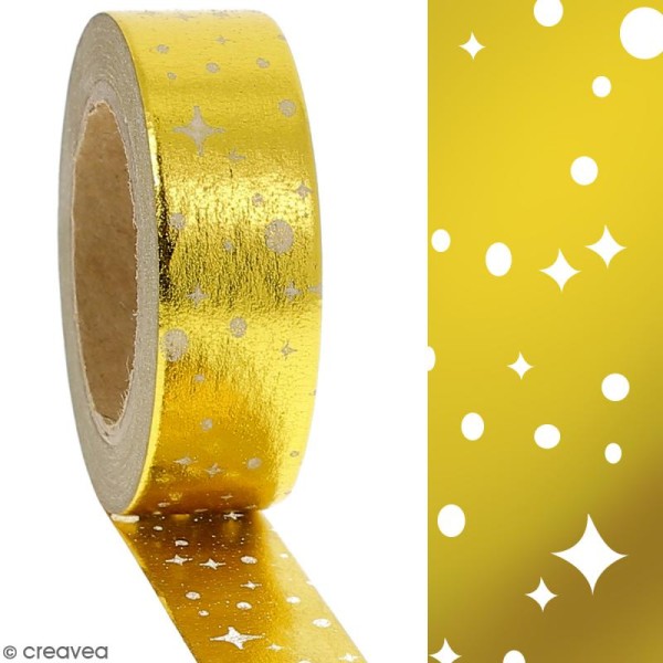 Masking tape Foil Pois et étoiles sur fond doré - 1,5 cm x 10 m - Photo n°2