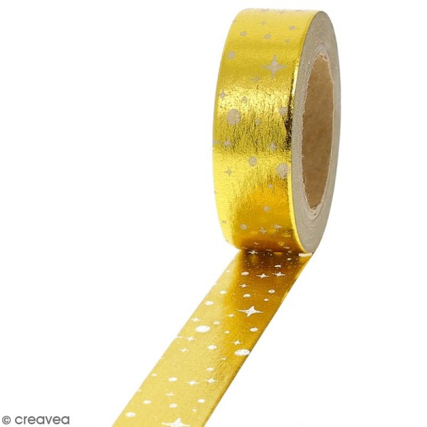Masking tape Foil Pois et étoiles sur fond doré - 1,5 cm x 10 m - Photo n°1