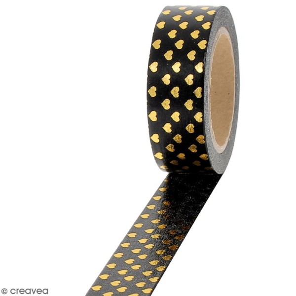 Masking tape Foil Petits coeurs dorés sur fond noir - 1,5 cm x 10 m - Photo n°1