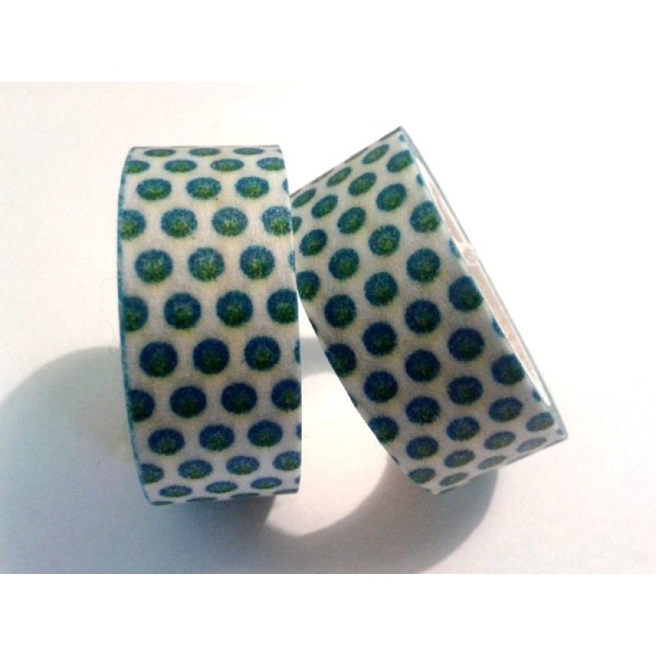 Rouleau de masking tape papier , à pois bleu / vert sur fond blanc - Photo n°1