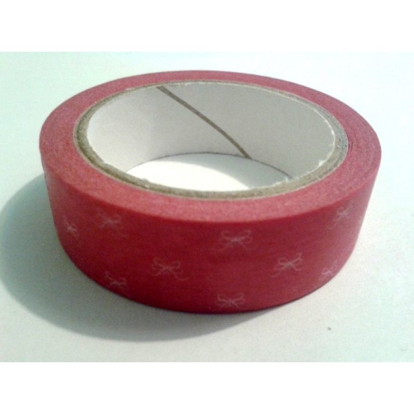 Rouleau de masking tape papier , rose foncé avec des noeuds blancs - Photo n°1