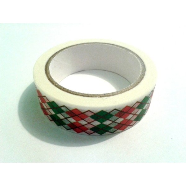 Rouleau de masking tape papier , fond blanc à losange vert / rouge - Photo n°1
