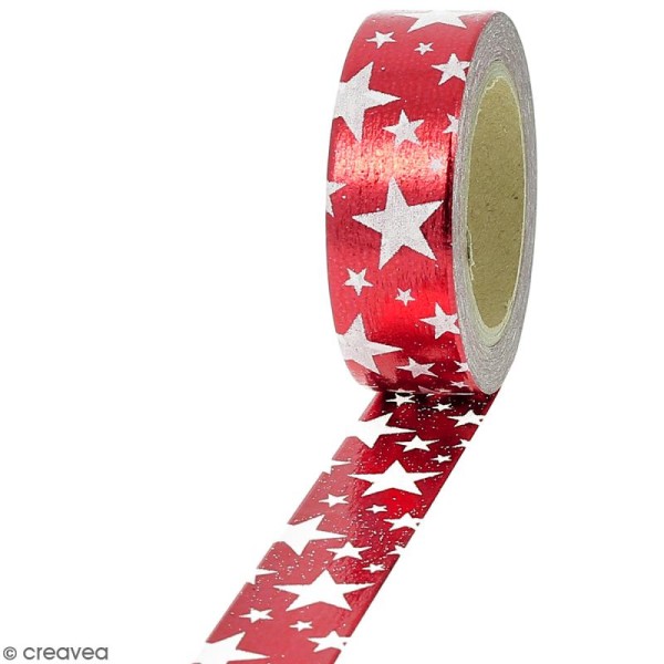 Masking tape Foil Etoiles blanches sur fond rouge - 1,5 cm x 10 m - Photo n°1