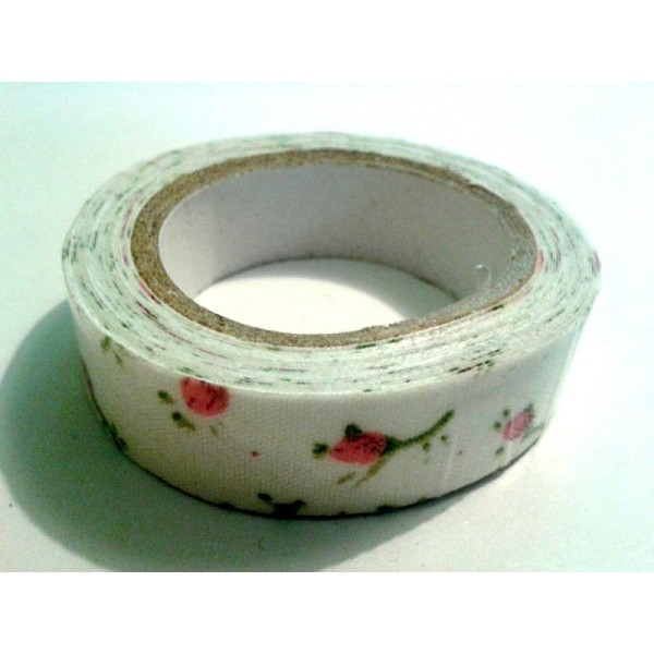 Rouleau de masking tape tissu , fond ecru et fleur rose - Photo n°1