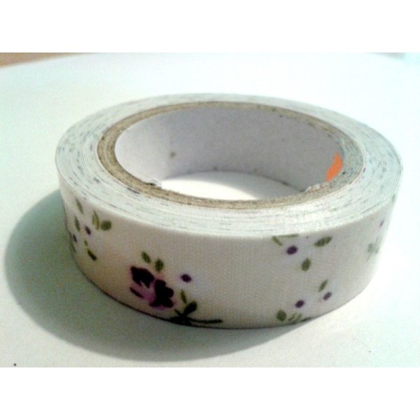 Rouleau de masking tape tissu , fond ecru et fleur violet - Photo n°1