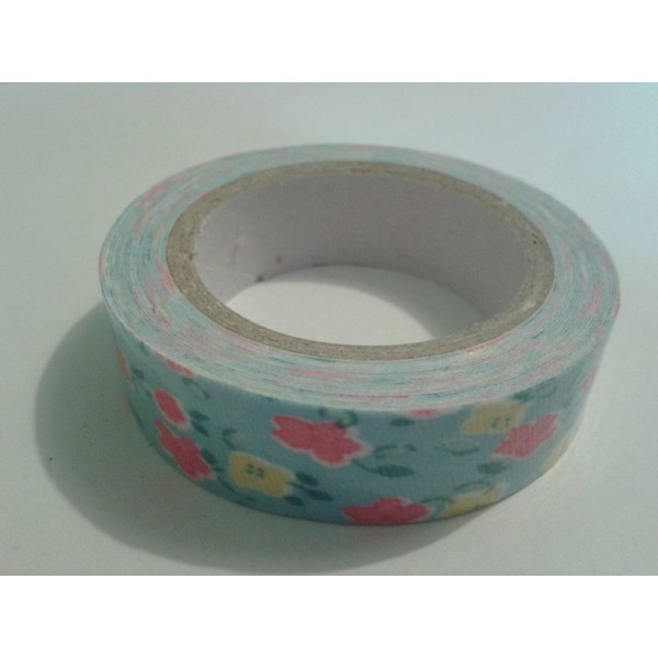 Rouleau de masking tape tissu , fond bleu et fleur rose / jaune - Photo n°1