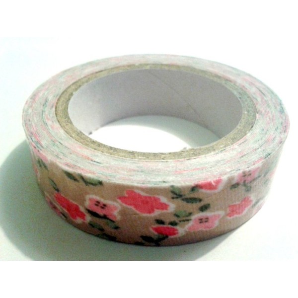 Rouleau de masking tape tissu , fond beige et fleur rose - Photo n°1