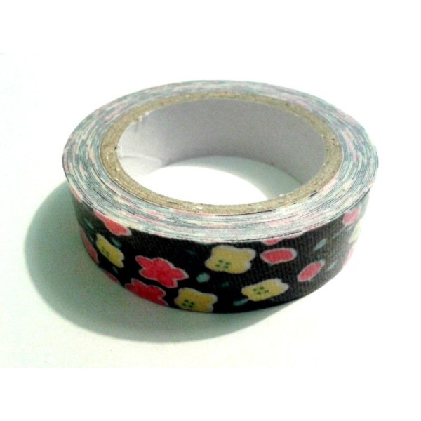 Rouleau de masking tape tissu , fond noir et fleur rose / jaune - Photo n°1