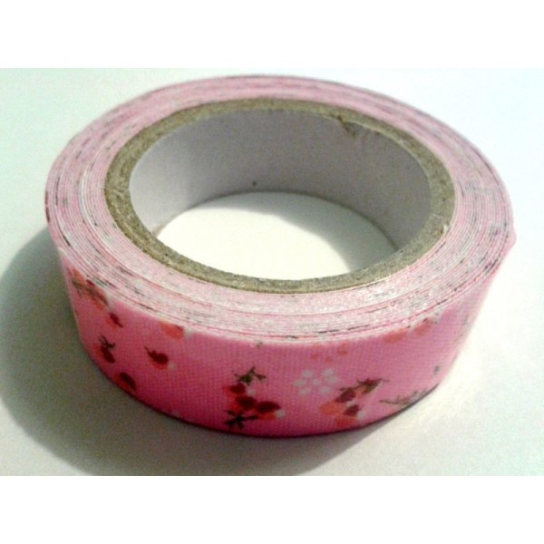 Rouleau de masking tape tissu , fond rose et fleur rouge - Photo n°1