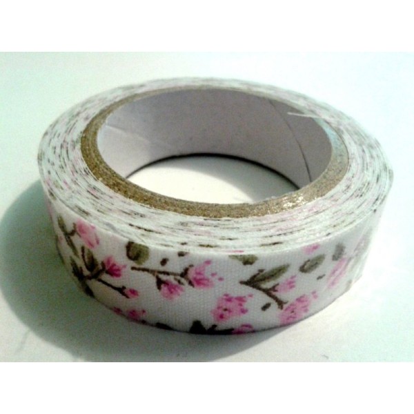 Rouleau de masking tape tissu , fond blanc, fleur rose et feuille verte - Photo n°1