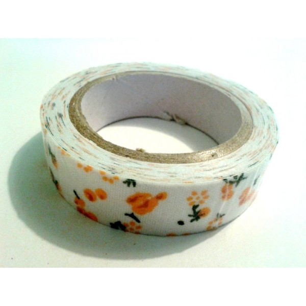 Rouleau de masking tape tissu , fond blanc et fleur orange / jaune - Photo n°1