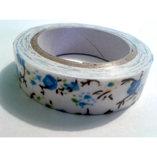 Rouleau de masking tape tissu , fond blanc, fleur bleu et branche marron - Photo n°1