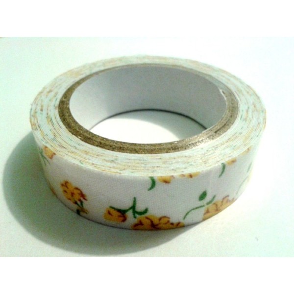 Rouleau de masking tape tissu , fond blanc et fleur jaune - Photo n°1