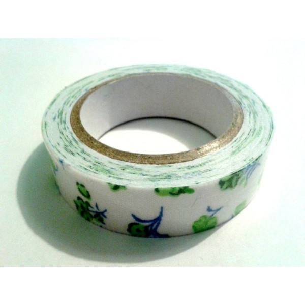 Rouleau de masking tape tissu , fond blanc et fleur verte - Photo n°1