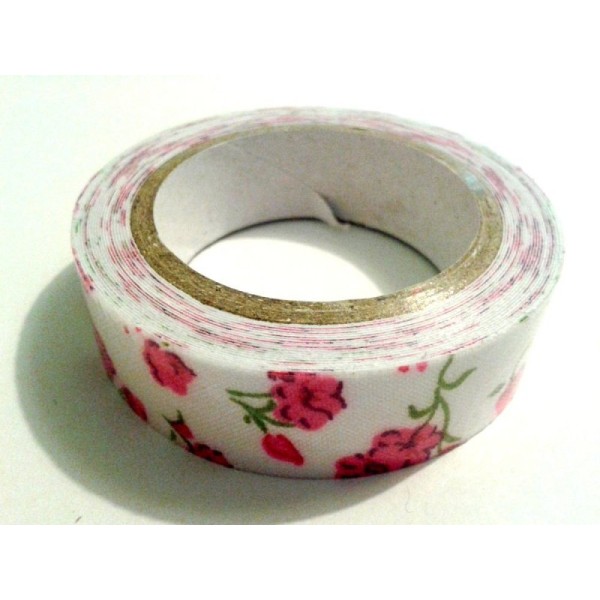 Rouleau de masking tape tissu , fond blanc et fleur rose - Photo n°1