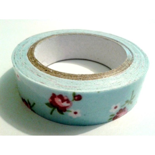 Rouleau de masking tape tissu , fond bleu et fleur blanche - Photo n°1
